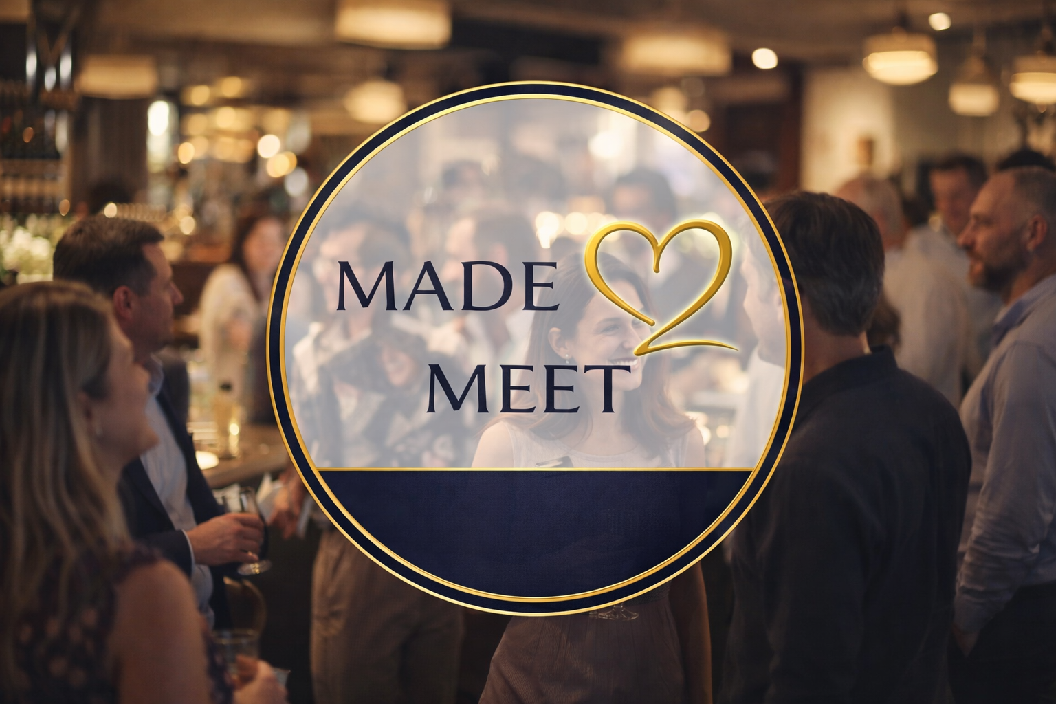 Made2Meet gold heart logo set against a relaxed social gathering
